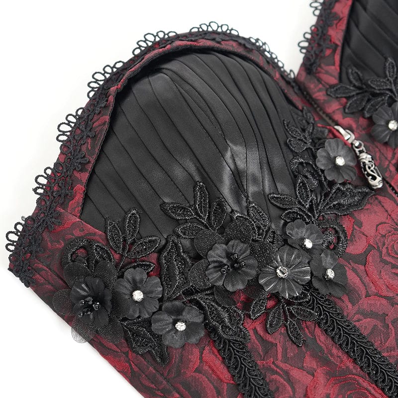 Women's Gothic Floral Embroidered Ruffled Lace-up Tank Top Red