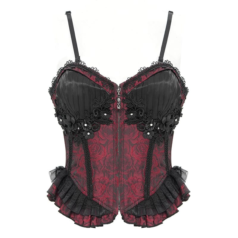 Women's Gothic Floral Embroidered Ruffled Lace-up Tank Top Red