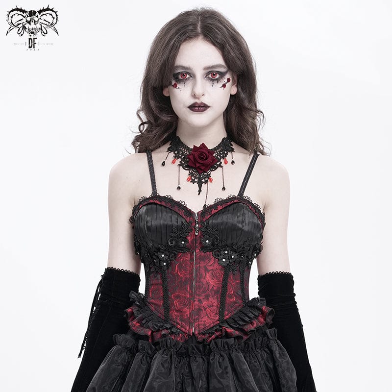 Women's Gothic Floral Embroidered Ruffled Lace-up Tank Top Red