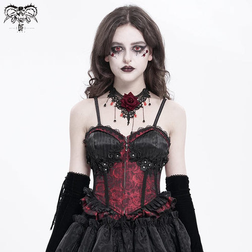 Women's Gothic Floral Embroidered Ruffled Lace-up Tank Top Red