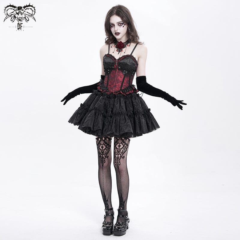 Women's Gothic Floral Embroidered Ruffled Lace-up Tank Top Red
