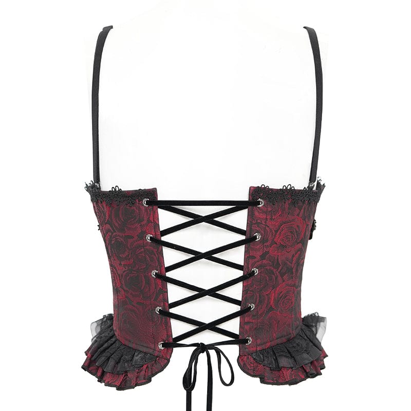 Women's Gothic Floral Embroidered Ruffled Lace-up Tank Top Red