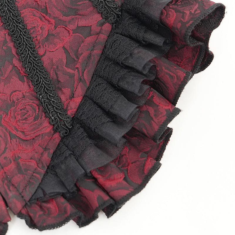 Women's Gothic Floral Embroidered Ruffled Lace-up Tank Top Red