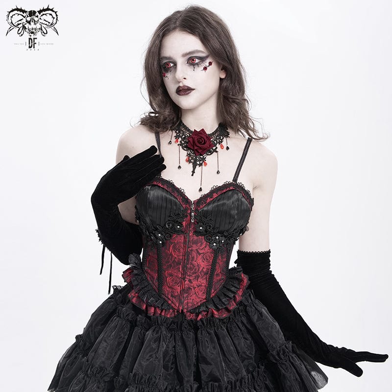 Women's Gothic Floral Embroidered Ruffled Lace-up Tank Top Red