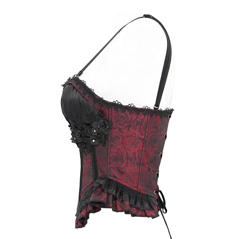 Women's Gothic Floral Embroidered Ruffled Lace-up Tank Top Red