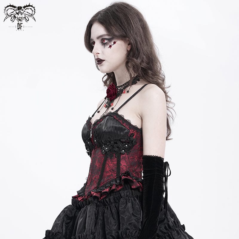 Women's Gothic Floral Embroidered Ruffled Lace-up Tank Top Red