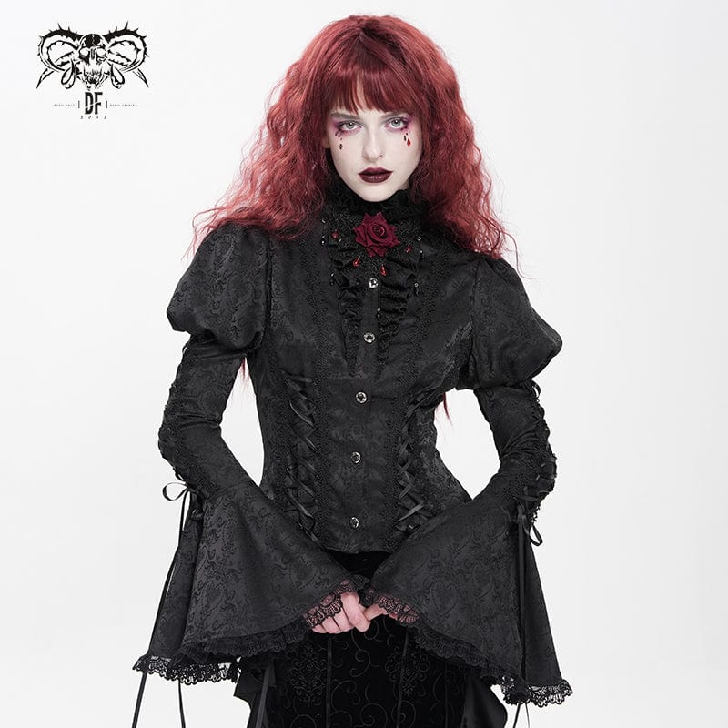 Women's Gothic Floral Jacquard Lace-up Puff Sleeved Shirt Black
