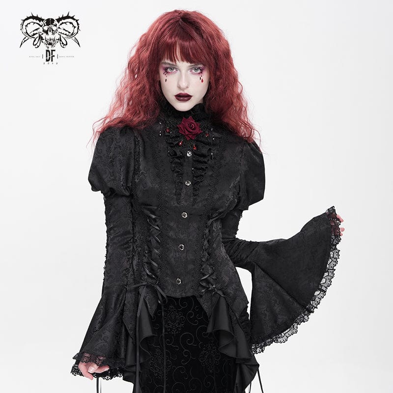 Women's Gothic Floral Jacquard Lace-up Puff Sleeved Shirt Black