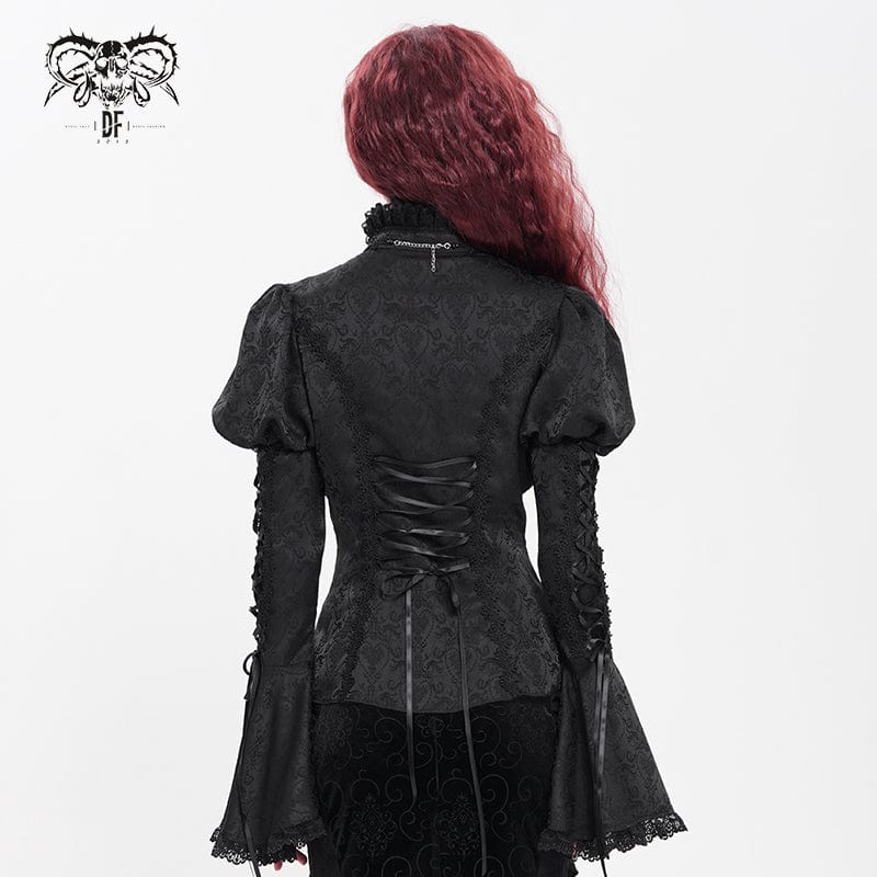 Women's Gothic Floral Jacquard Lace-up Puff Sleeved Shirt Black