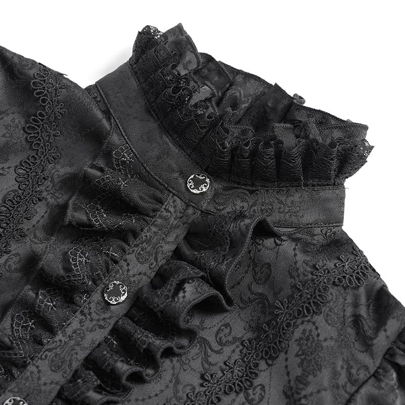 Women's Gothic Floral Jacquard Lace-up Puff Sleeved Shirt Black