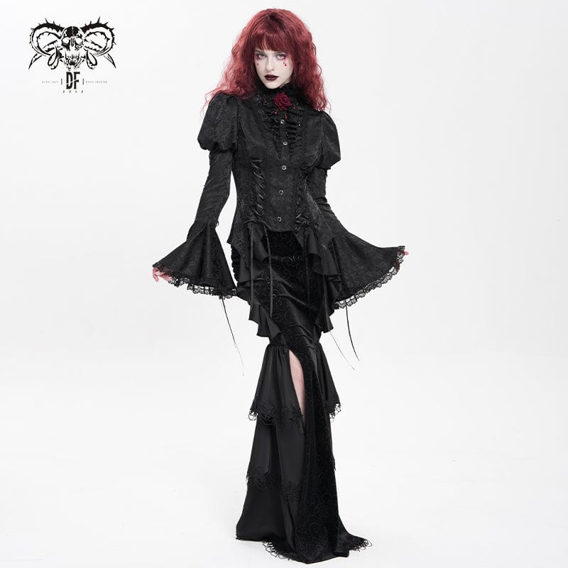 Women's Gothic Floral Jacquard Lace-up Puff Sleeved Shirt Black