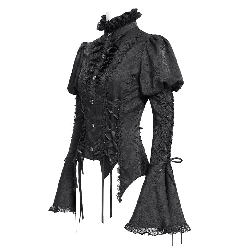 Women's Gothic Floral Jacquard Lace-up Puff Sleeved Shirt Black