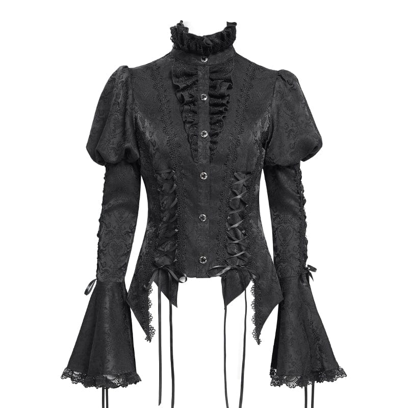 Women's Gothic Floral Jacquard Lace-up Puff Sleeved Shirt Black