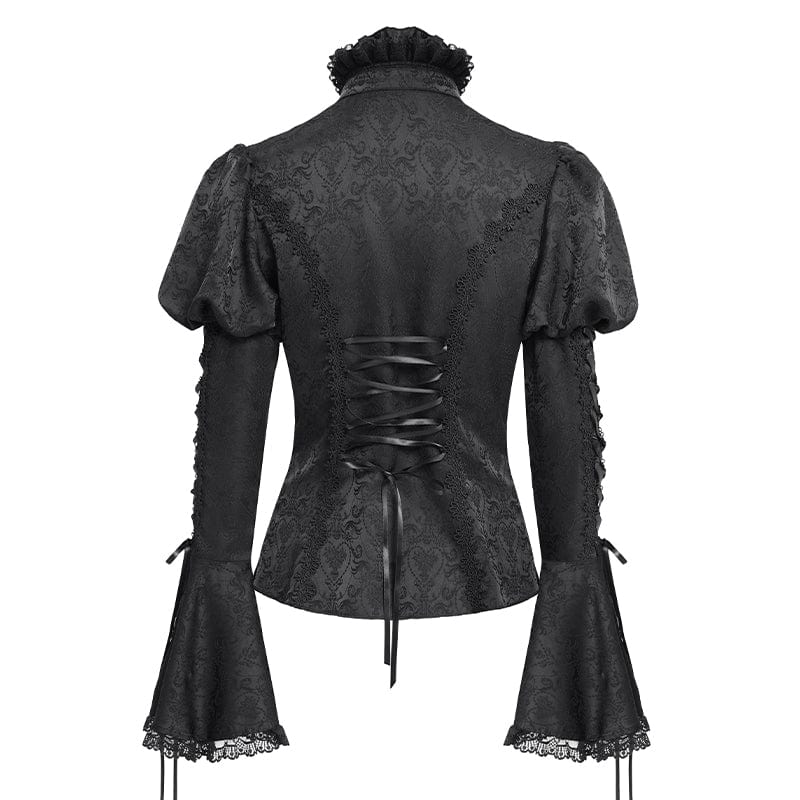 Women's Gothic Floral Jacquard Lace-up Puff Sleeved Shirt Black
