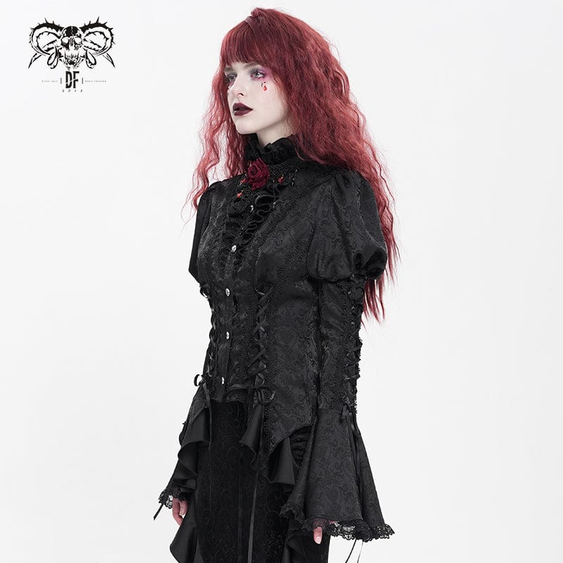 Women's Gothic Floral Jacquard Lace-up Puff Sleeved Shirt Black