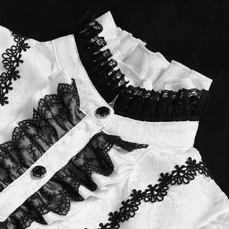 Women's Gothic Floral Jacquard Lace-up Puff Sleeved Shirt White