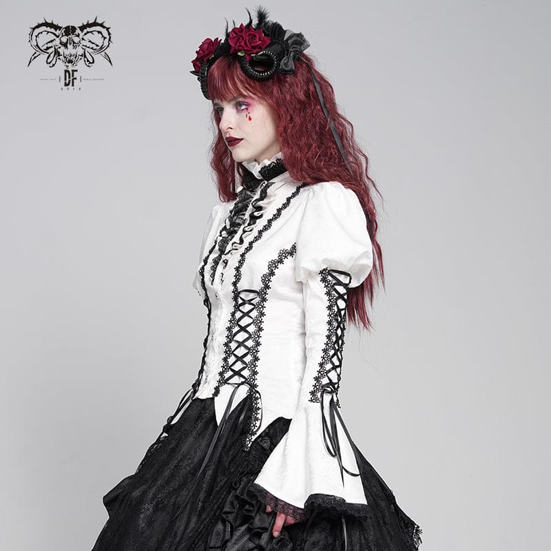Women's Gothic Floral Jacquard Lace-up Puff Sleeved Shirt White
