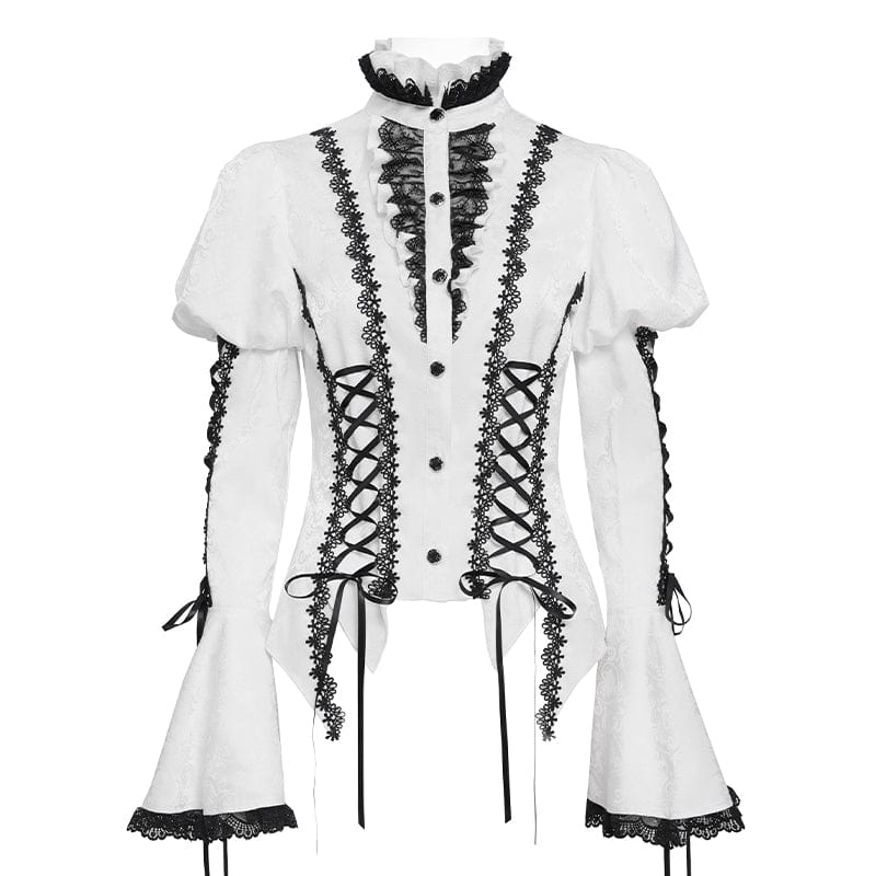 Women's Gothic Floral Jacquard Lace-up Puff Sleeved Shirt White