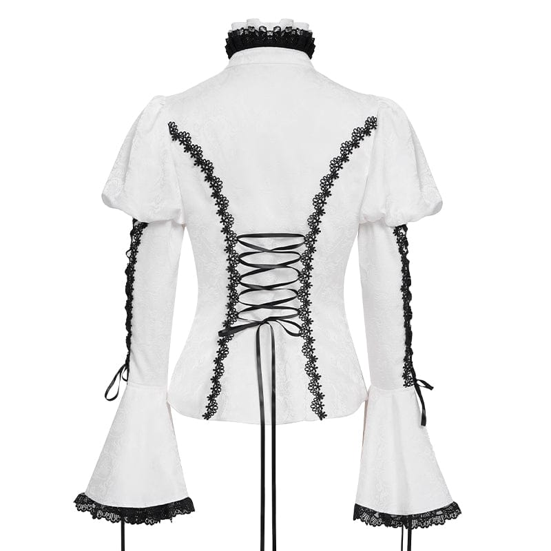 Women's Gothic Floral Jacquard Lace-up Puff Sleeved Shirt White
