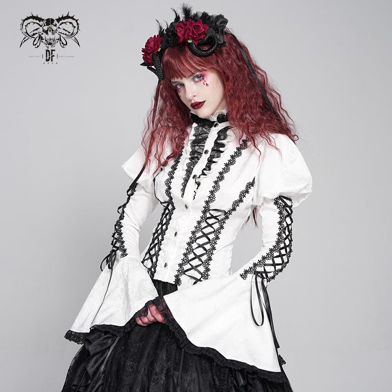 Women's Gothic Floral Jacquard Lace-up Puff Sleeved Shirt White