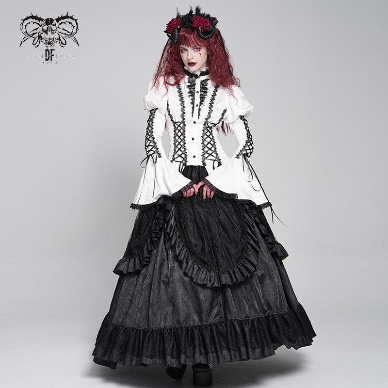 Women's Gothic Floral Jacquard Lace-up Puff Sleeved Shirt White