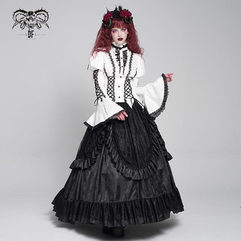 Women's Gothic Floral Jacquard Lace-up Puff Sleeved Shirt White