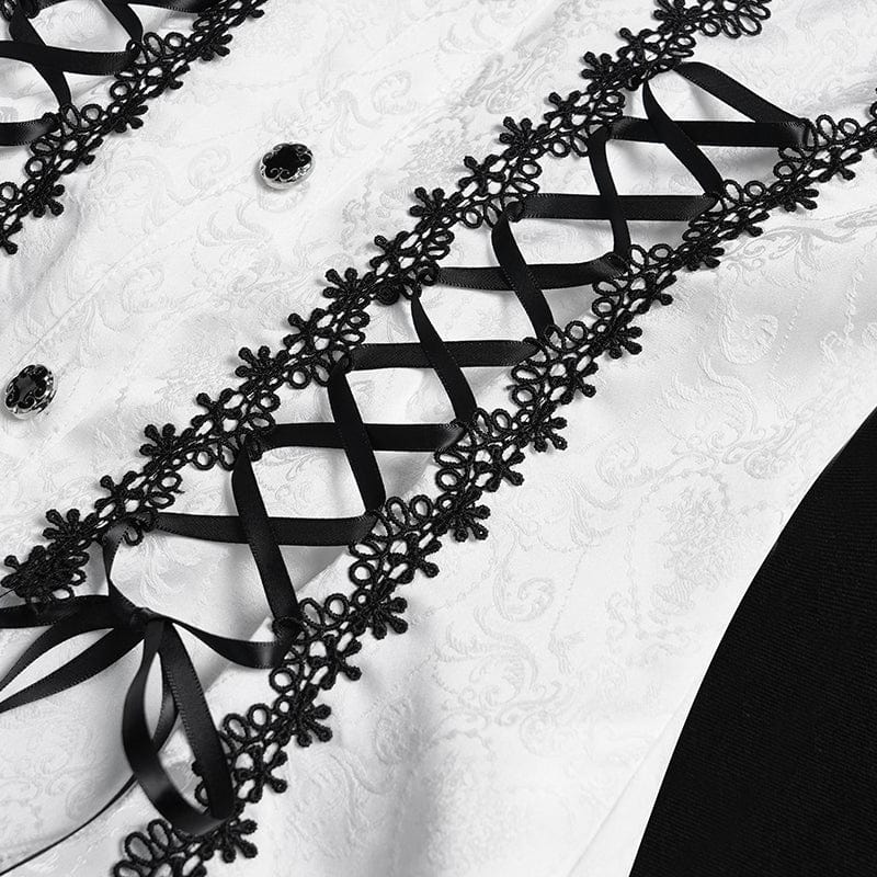 Women's Gothic Floral Jacquard Lace-up Puff Sleeved Shirt White