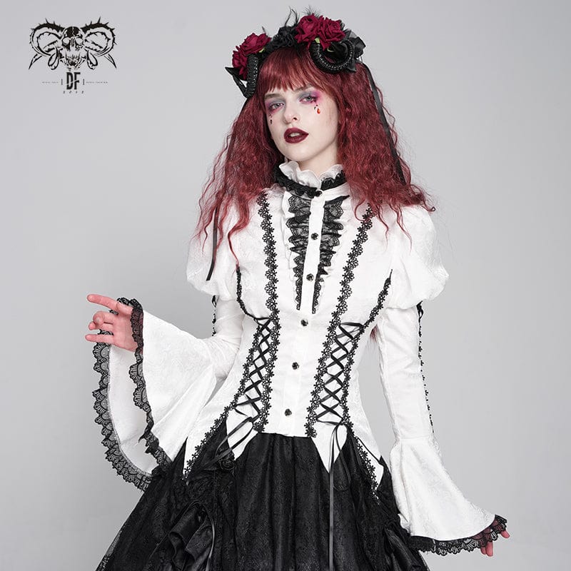 Women's Gothic Floral Jacquard Lace-up Puff Sleeved Shirt White