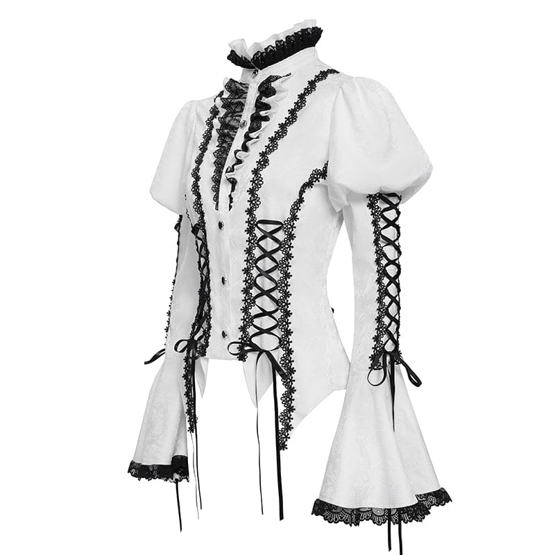 Women's Gothic Floral Jacquard Lace-up Puff Sleeved Shirt White