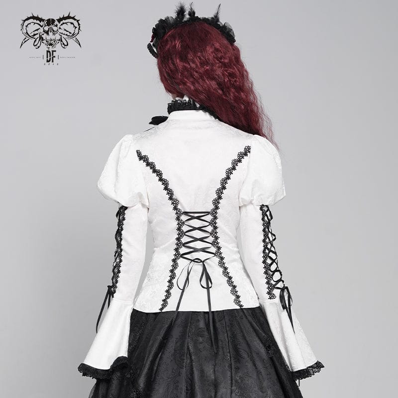 Women's Gothic Floral Jacquard Lace-up Puff Sleeved Shirt White