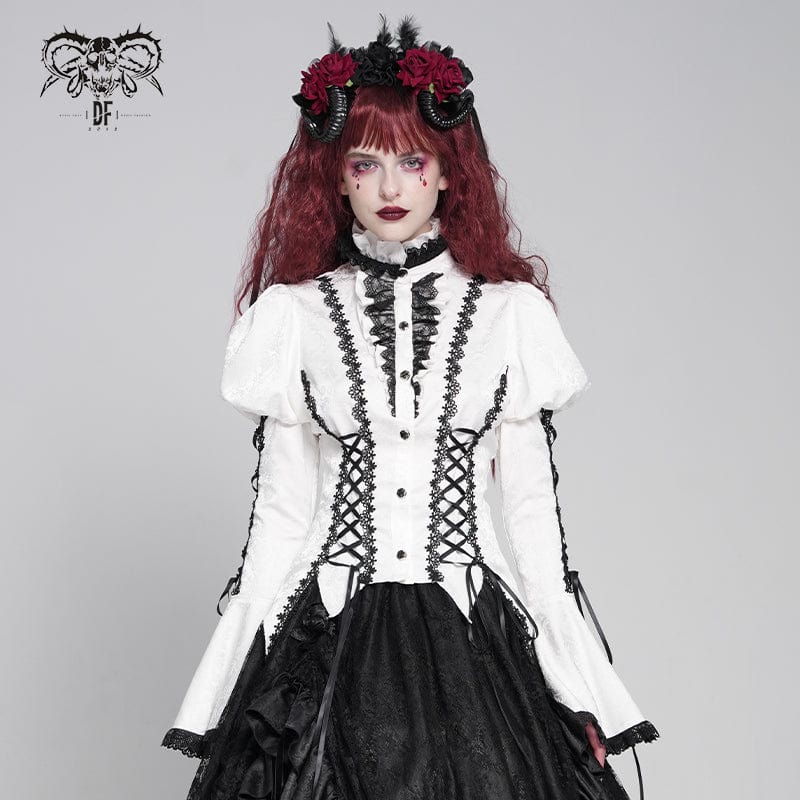 Women's Gothic Floral Jacquard Lace-up Puff Sleeved Shirt White