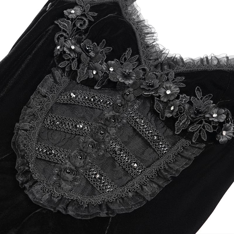 Women's Gothic Floral Ruched Lace-up Maxi Dress Black