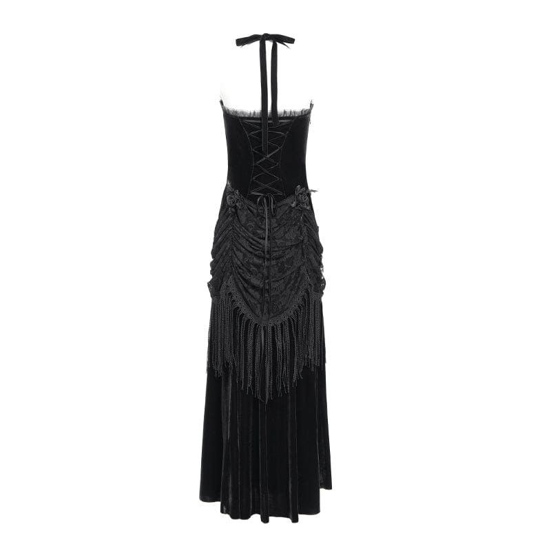 Women's Gothic Floral Ruched Lace-up Maxi Dress Black
