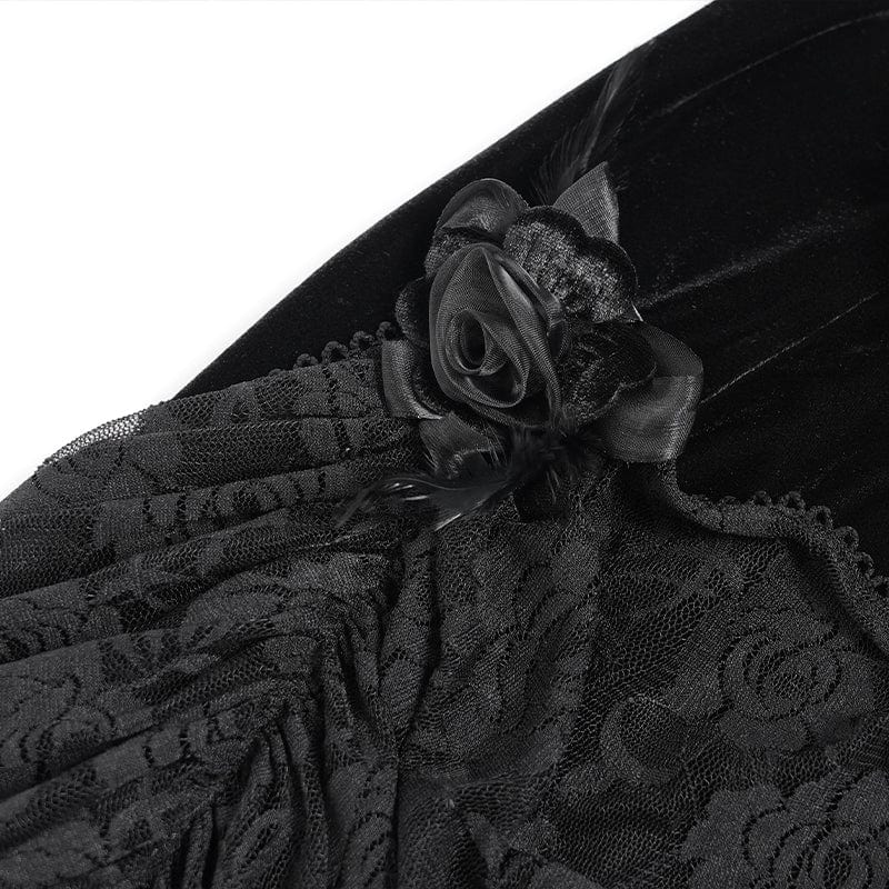 Women's Gothic Floral Ruched Lace-up Maxi Dress Black