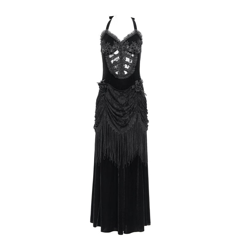 Women's Gothic Floral Ruched Lace-up Maxi Dress Black