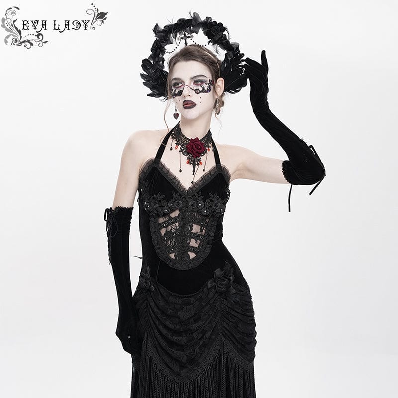 Women's Gothic Floral Ruched Lace-up Maxi Dress Black