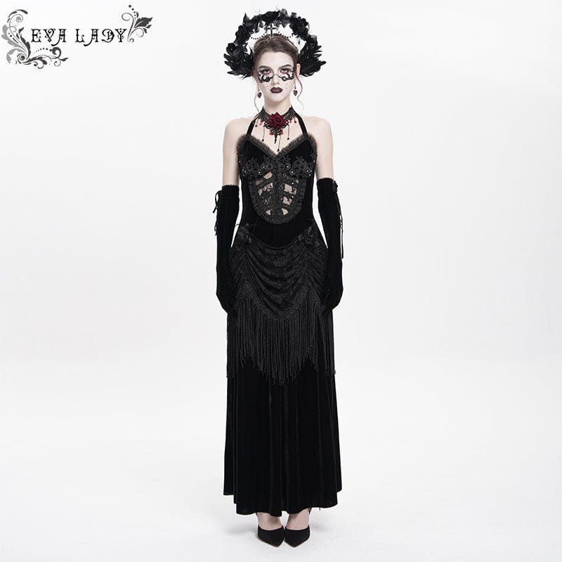 Women's Gothic Floral Ruched Lace-up Maxi Dress Black