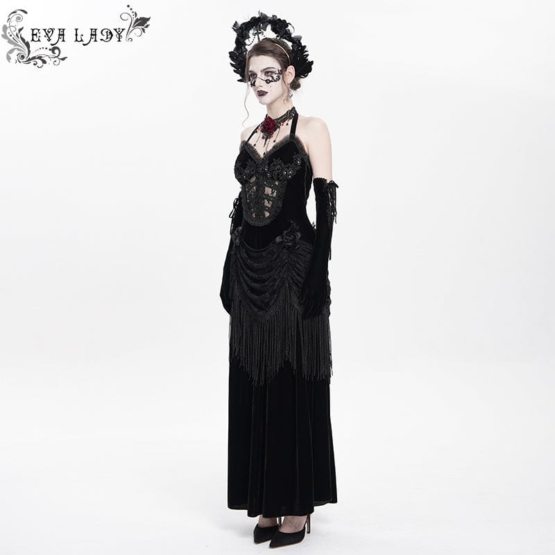 Women's Gothic Floral Ruched Lace-up Maxi Dress Black