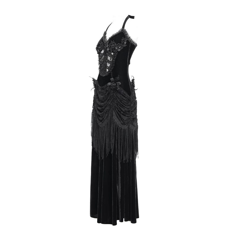 Women's Gothic Floral Ruched Lace-up Maxi Dress Black