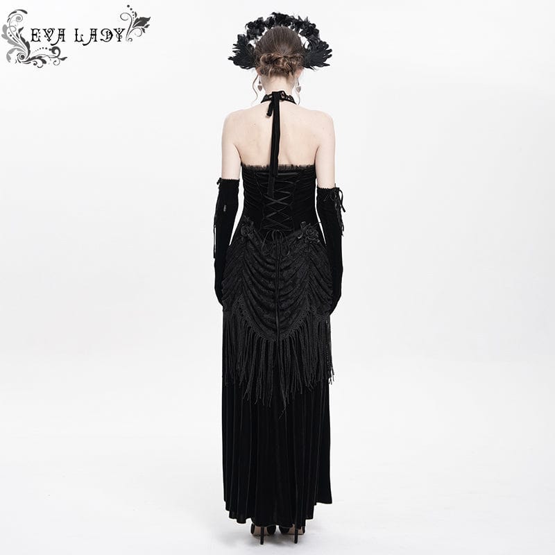 Women's Gothic Floral Ruched Lace-up Maxi Dress Black