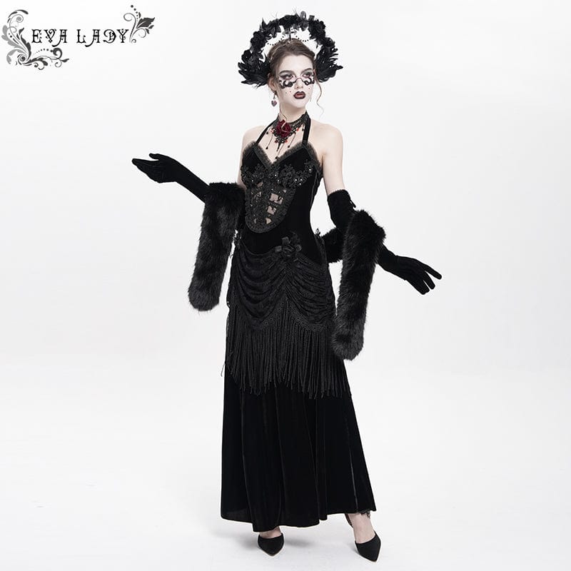 Women's Gothic Floral Ruched Lace-up Maxi Dress Black