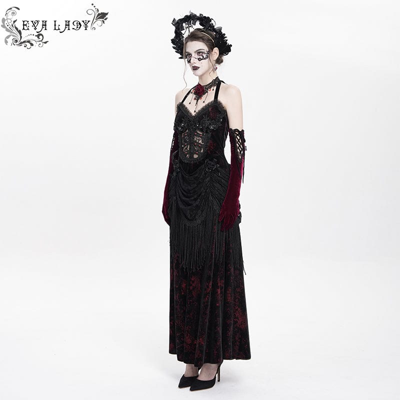 Women's Gothic Floral Ruched Lace-up Maxi Dress  Red