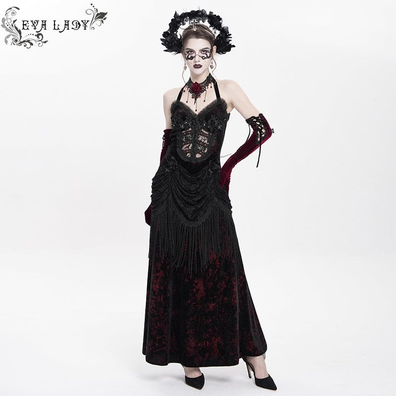 Women's Gothic Floral Ruched Lace-up Maxi Dress  Red