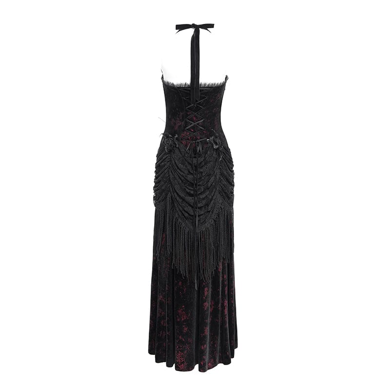 Women's Gothic Floral Ruched Lace-up Maxi Dress  Red