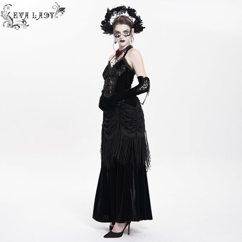 Women's Gothic Floral Ruched Lace-up Maxi Dress  Red
