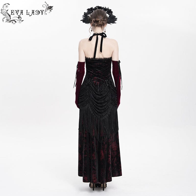 Women's Gothic Floral Ruched Lace-up Maxi Dress  Red