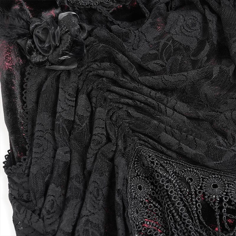 Women's Gothic Floral Ruched Lace-up Maxi Dress  Red