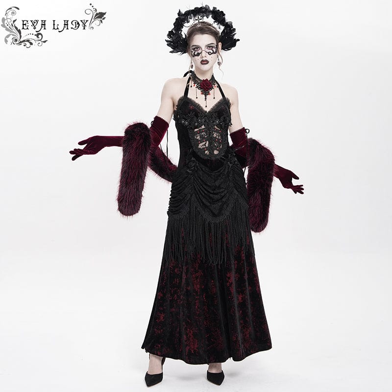 Women's Gothic Floral Ruched Lace-up Maxi Dress  Red