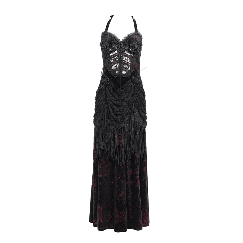 Women's Gothic Floral Ruched Lace-up Maxi Dress  Red