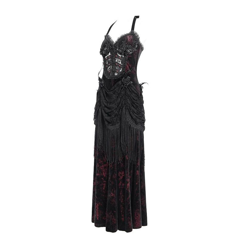 Women's Gothic Floral Ruched Lace-up Maxi Dress  Red